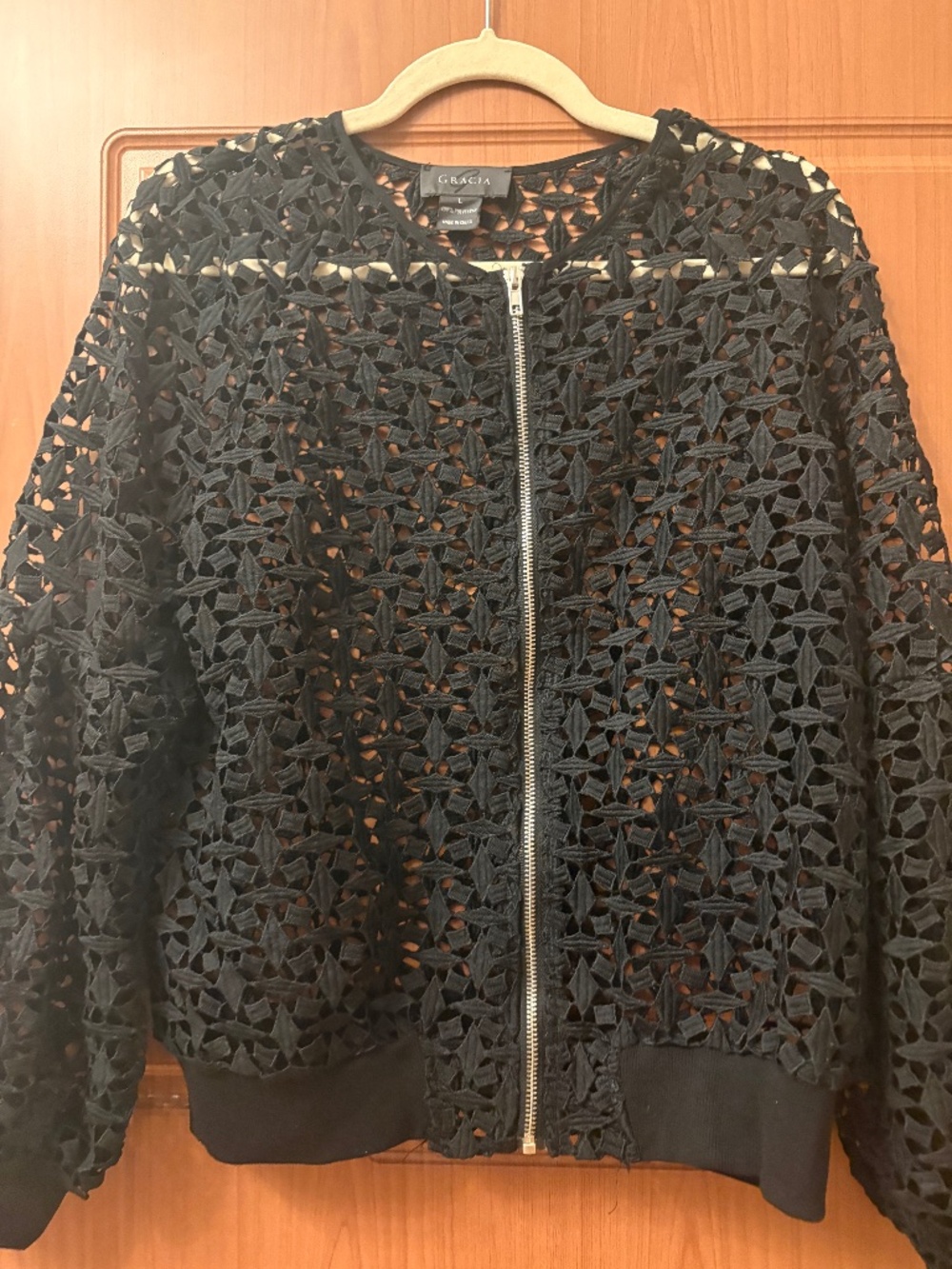 Gracia Black Crochet Bomber Jacket Black Zip Up
